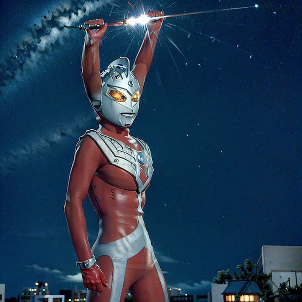 Ultraman Taro、Tokyo cityscape、Midnight、neon、A giant as tall as a building、Fighting Pose、slim、Muscular、Long limbs、Weapon、Gorgeous Body、Incitement、4K、Photorealistic、Portrait、male focus,highres,clear