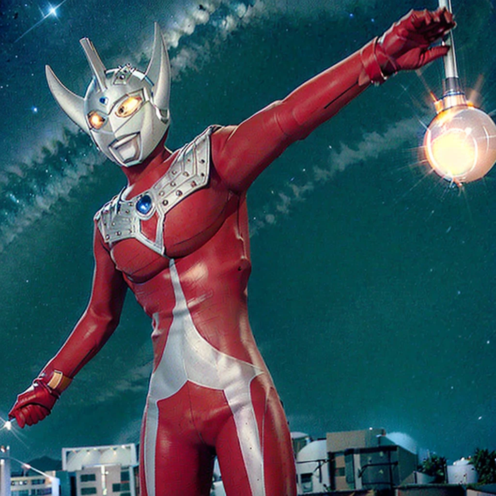 Put arms together and emit rays,40m tall Giant superhero Ultraman Taro,standing on Tokyo Japan,The same size as the building,tall and slim, portrait, fighting pose, photo high quality, realistic photo, night scene,silver helmet, glass hemisphere on chest glows, yellow eyes, forehead lamp glows,martial arts pose, slim body,long limbs,4K
