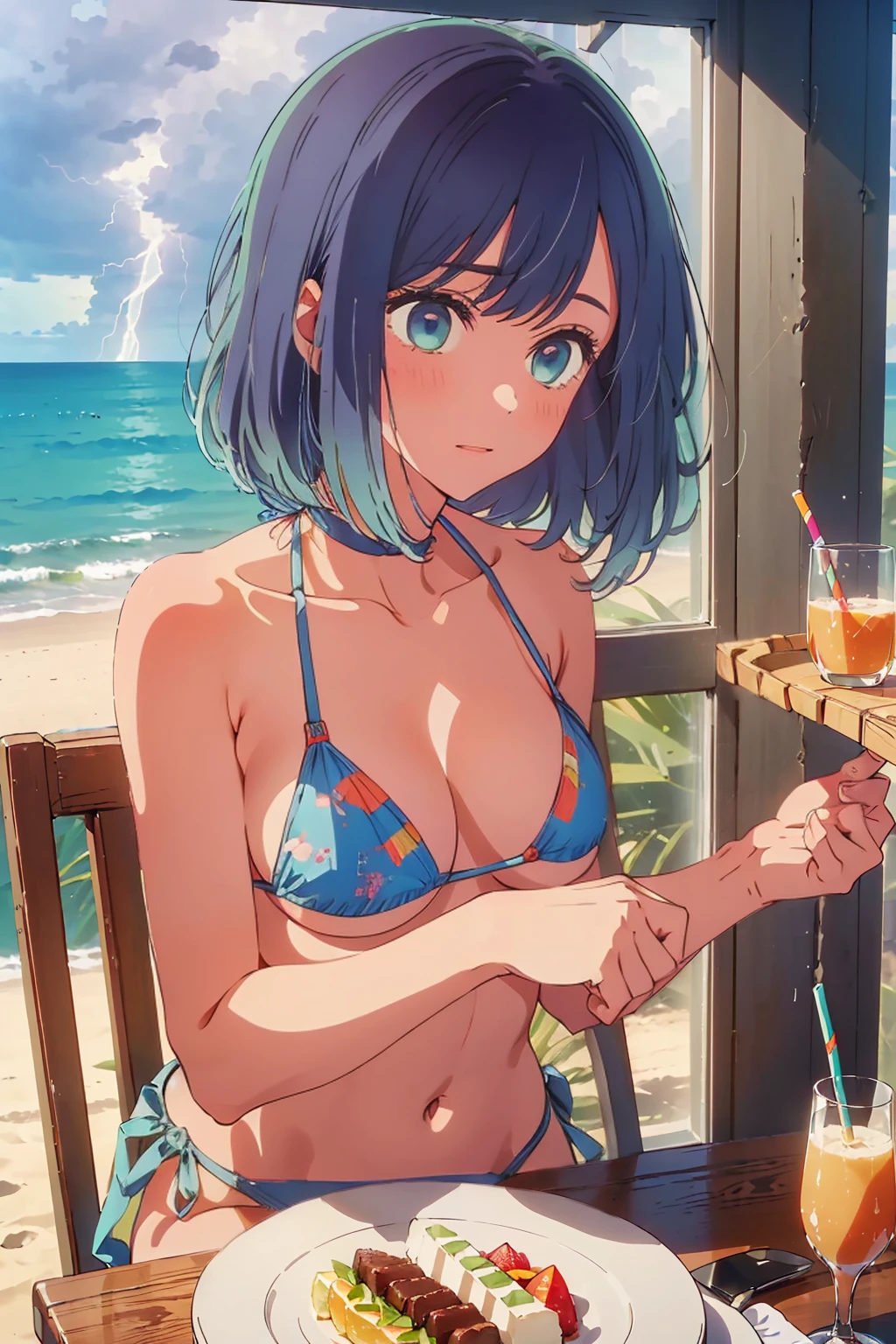 (Highest quality:1.4、masterpiece:1.4、Super detailed:1.4、8K:1.4)、((((1 person、Surprised expression、sit、Indoor cafe terrace、coastal、juice、table、Sandy Beach、juiceのグラスを持つ、Micro Bikini、Very soft boobs、Big eyes、Very cute face))))、(with a thunderstorm:1.4)、F cup bust、Medium breast、Underboob、Sideboob