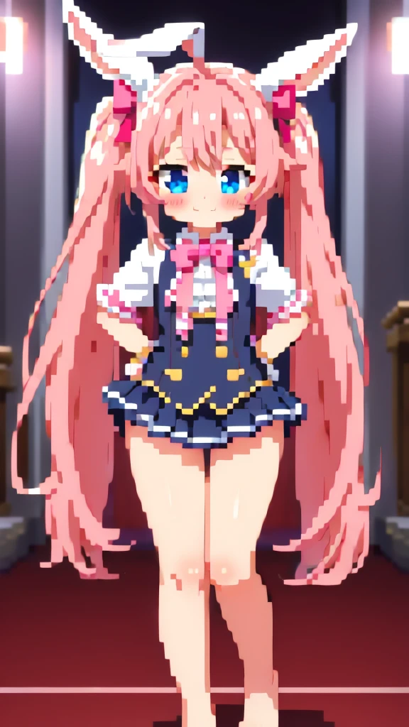 ((masterpiece))((Highest quality))Rabbit Ears、girl、smile、blush、Flat Chest、Are thin、Pink Hair、blush、Are standing、Whole body image、Even your toes are visible、Eye level on face、front、No background、Rabbit Pose、真frontのアングル、Pigtails、uniform