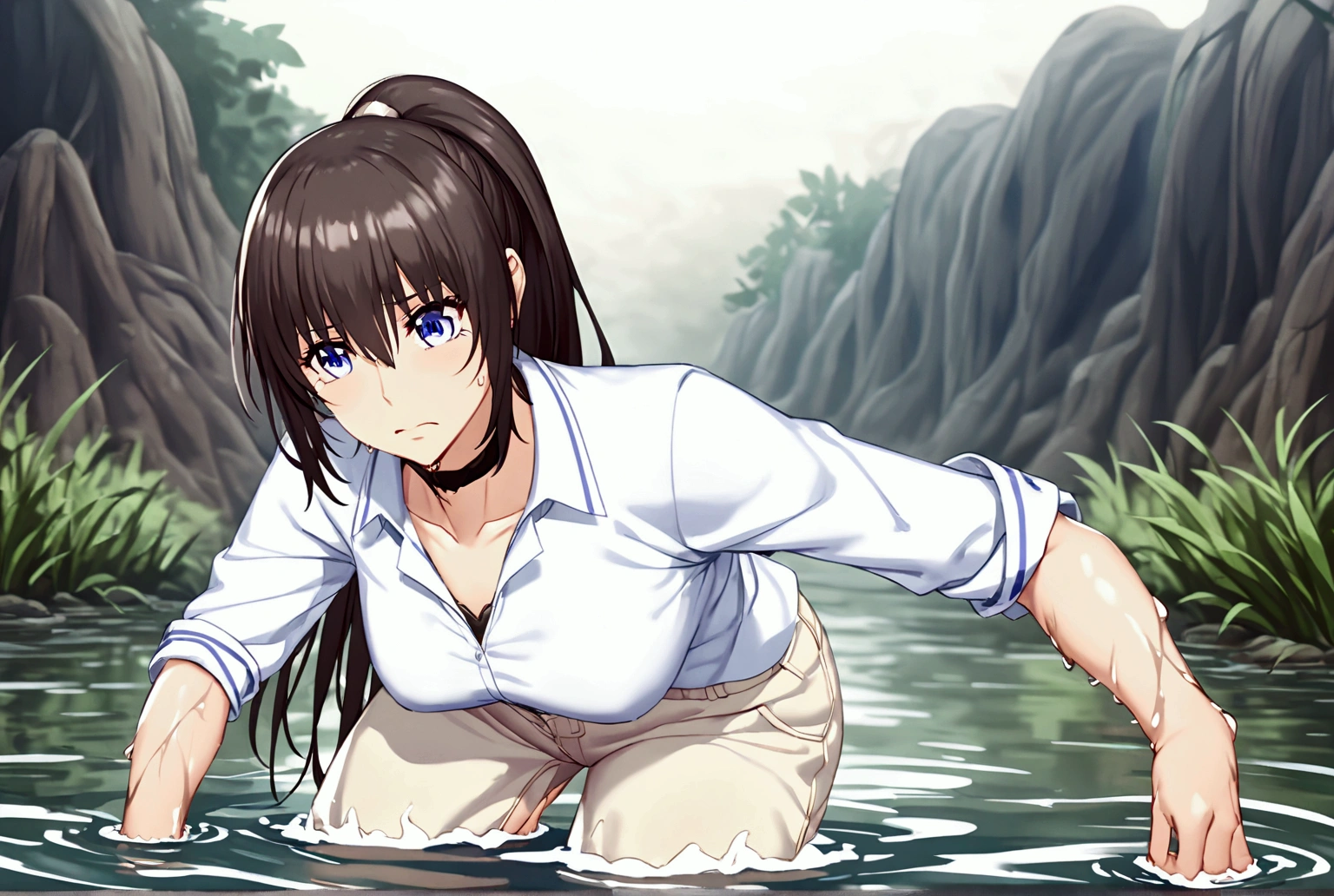 Woman drowning in a swamp,Muddy River, riverbed, cloudy, Uneasy atmosphere,Painful face,Beige shorts,ponytail,