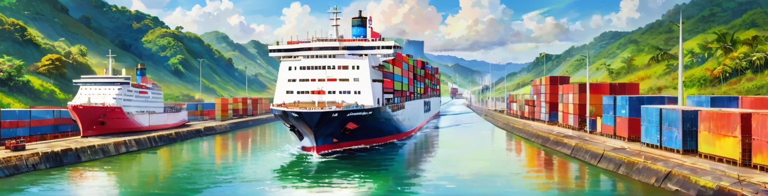 Panama Canal, paint, double exposure, (textura de paint:1.2), (Masterpiece:1.2), Best Quality, (hyperdetailed, more detailed:1.2), high resolution textures, beautiful landscape, Very detailed, very clear, (Panama Canal), vivid colors, HD, multicolor style, barco de buques pasando el Panama Canal, (ship named after Panama)