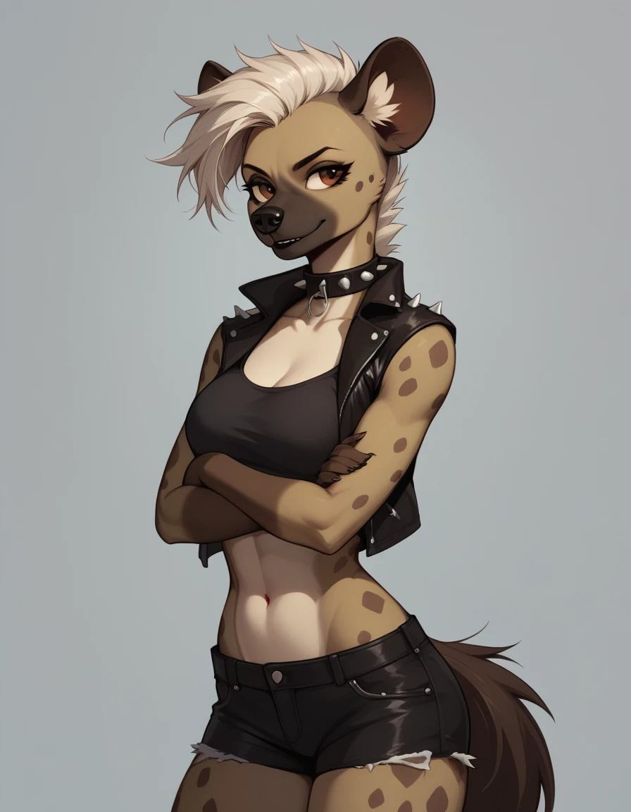 Solo, score_9,score_8_up,score_7_up, Trisha, a tall female spotted hyena, brown snout, black nose, brown eyes, short spiked undercut platinum blonde hair, black lips, hyena tail, brown hyena ears, wearing black leather jacket, black crop top, black short shorts, arms crossed, spiked collar, soft smile, abstract grey background