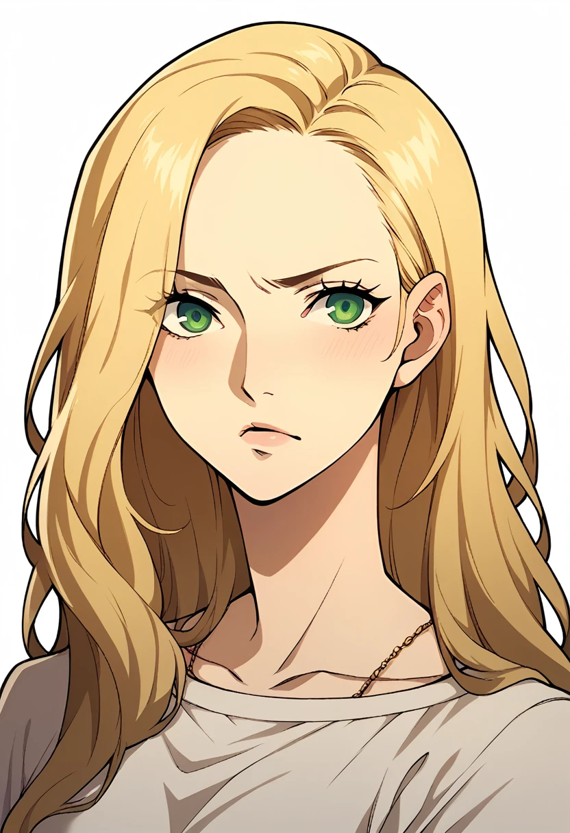 middle- woman, neutral expression, long straight blonde hair, green eyes