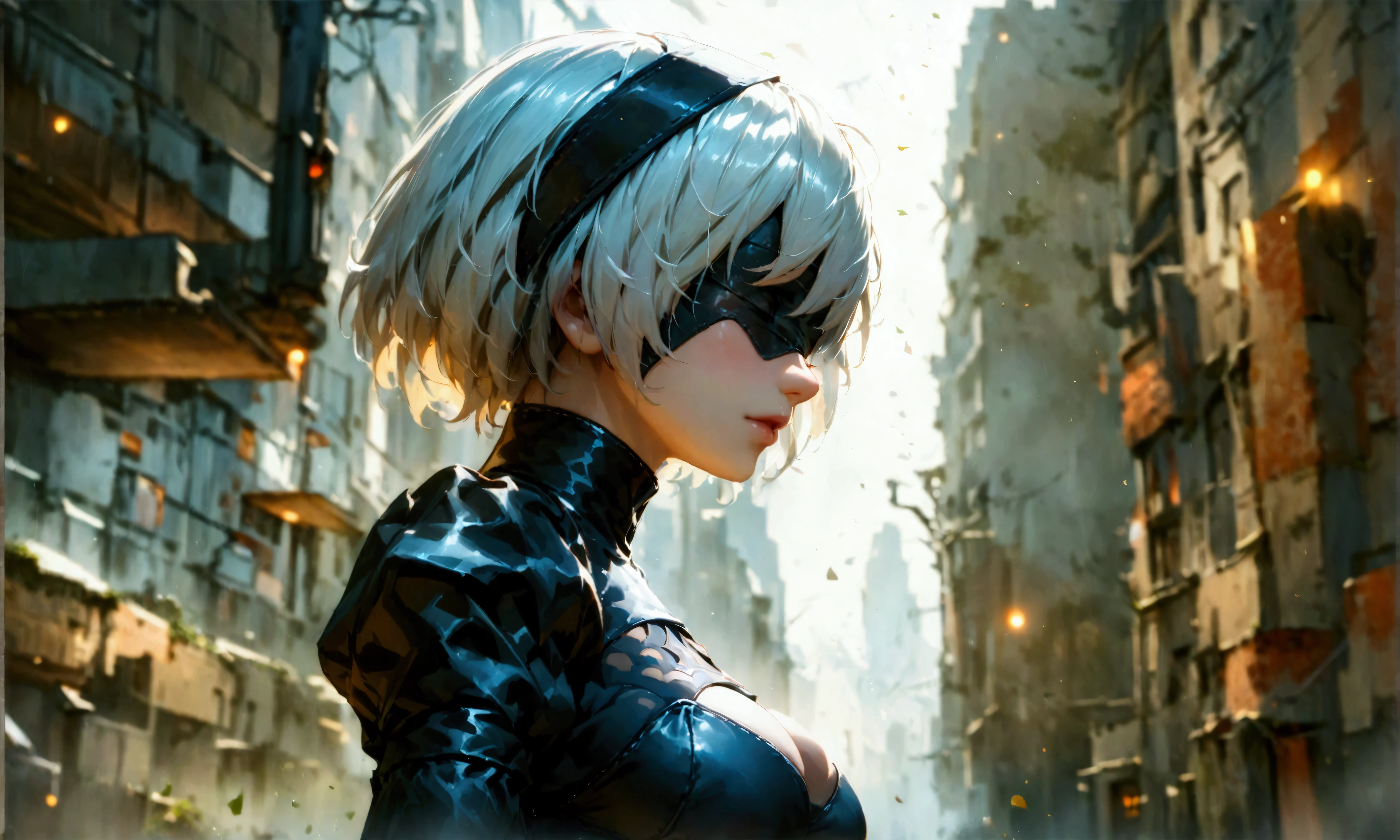 ((best qualityer)), ((work of art)), (very detailled:1.3), 2B in the ruins of a city in the forgotten war, Ancient Technology, Nier-Automata, standing, fully body, brandishing his sword, photographic essay, facefocus, Looking at the sky, hdr (high-range dynamics), ray tracing, nvidia RTX, super resolution, Irreal 5, underground dispersal, PBR Texture, Post-processing, Anisotropic filtering, Depth of field, Maximum sharpness and sharpness, multi-layered texture, albedo and highlight maps, Surface shading, Accurate simulation of interactions between light materials, perfect proportions, octane rendering, duotone lighting, Low ISO, White balance, rule of thirds, large aperture, 8K CRU, efficient sub-pixels, subpixel convolution, Luminescent particles, light scattering, Tyndall effect