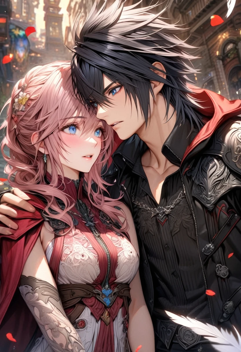 Ultra detailed, HDR, Highres, absurdres, master piece, Claire Farron, wavy pink short hair, expressive aqua pale eyes, Lightning Farron, Final Fantasy XIII, Noctis Lucis Caelum, black hair, expressive blue eyes, Final Fantasy XV, a beautiful woman together with a handsome man, couple, love, magical city, fantasy, magical, white feathers, red petals, best quality, white and black clothes with patterns, red cape,