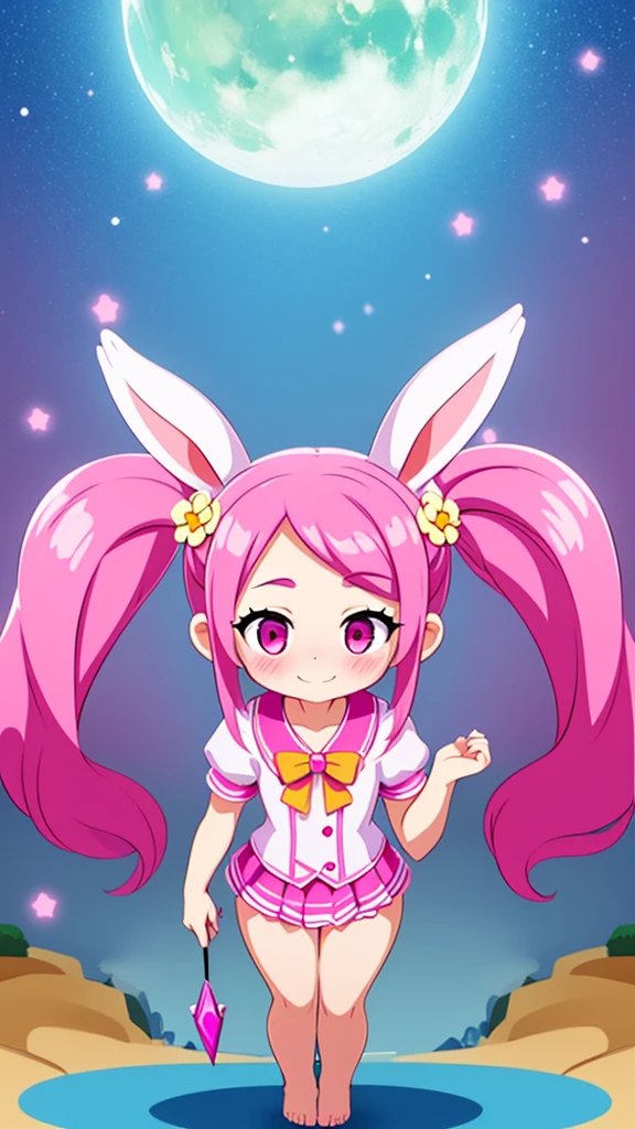 ((masterpiece))((Highest quality))Rabbit Ears、girl、smile、blush、Flat Chest、Are thin、Pink Hair、blush、Are standing、Whole body image、Even your toes are visible、Eye level on face、front、No background、Rabbit Pose、真frontのアングル、Pigtails、uniform
