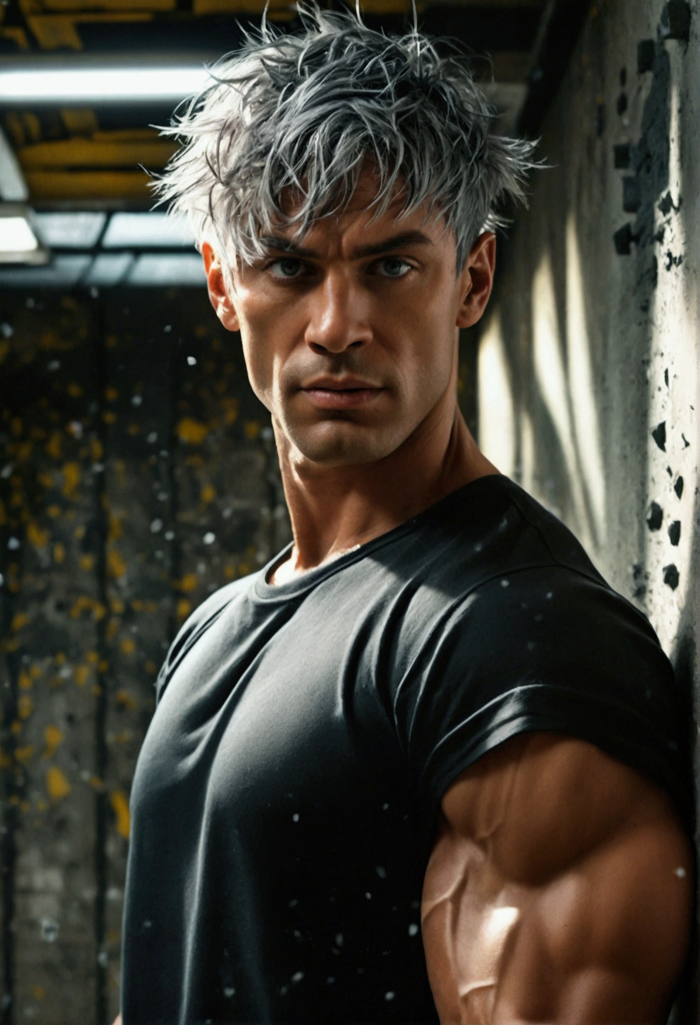 1 garou man, aquamarine eyes, short hair, white hair, spiky hair, muscles,,, standing, masterpiece, blush, light blue eyes, long eyelashes, detailed eyes, large muscles, forest, day, bandages