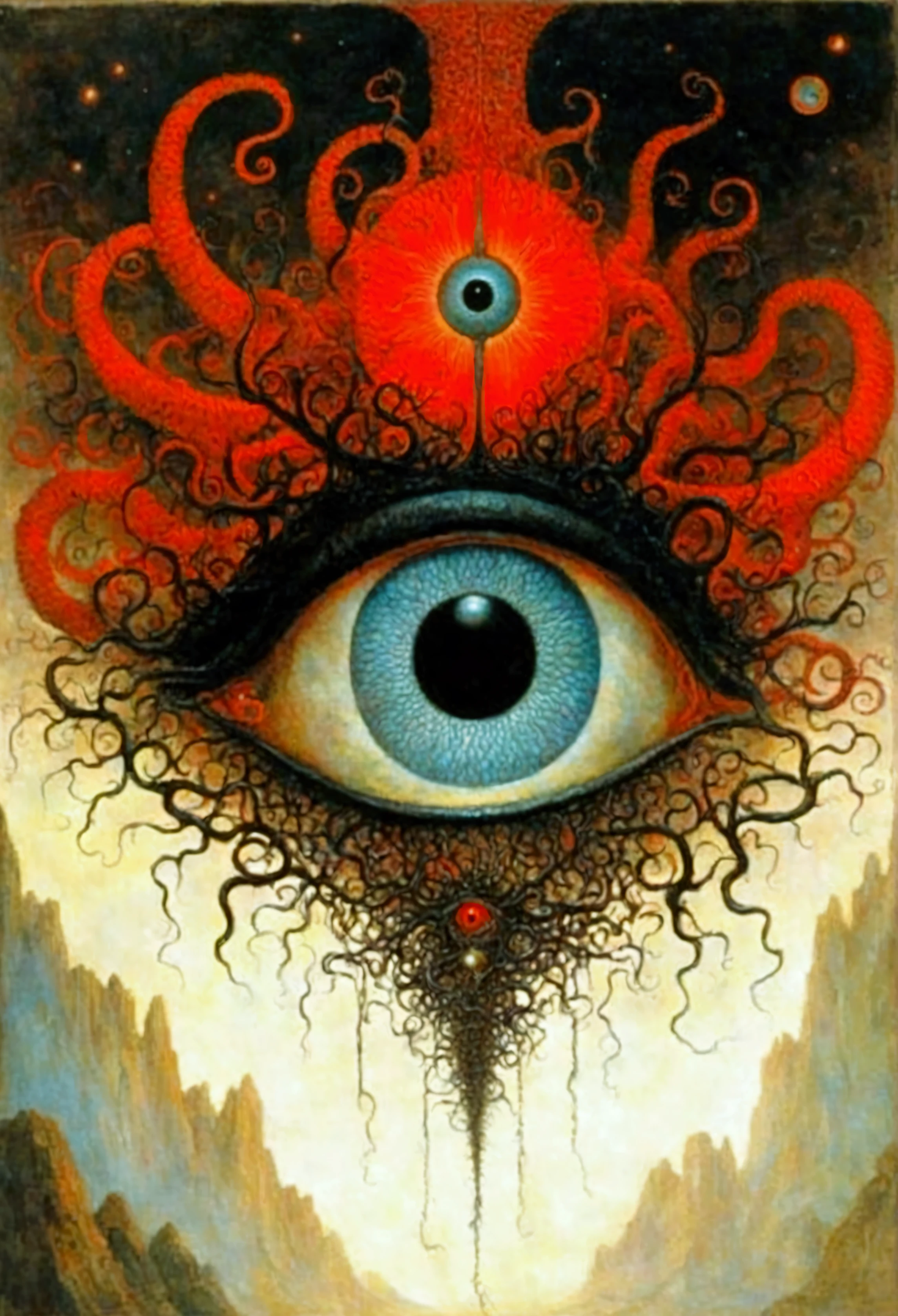 Mythical creatures, author:Zdzislaw Beksiński, Azathoth, Red/Black、eye