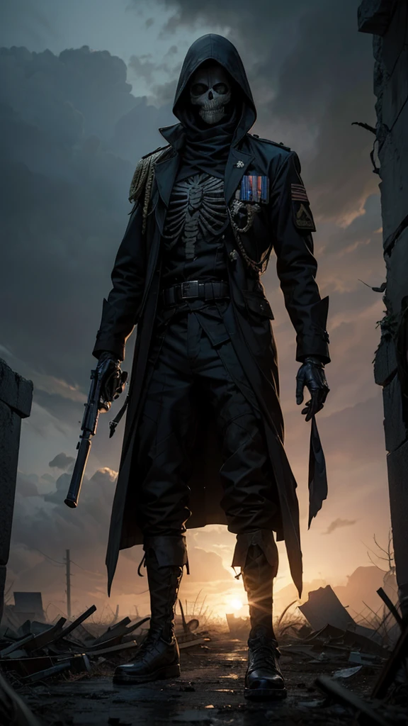 A skeleton wearing a military uniform, standing in a ruined town. The scene is shrouded in mist, creating a faint and eerie atmosphere.
