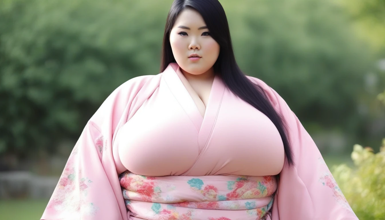 cute black haired asian with extreme huge enormous, bbw, obese, pink kimono. masterpiece 8k, professional photography, complete body to viewer, thunder thighs, fat arms, beautiful view, garden background