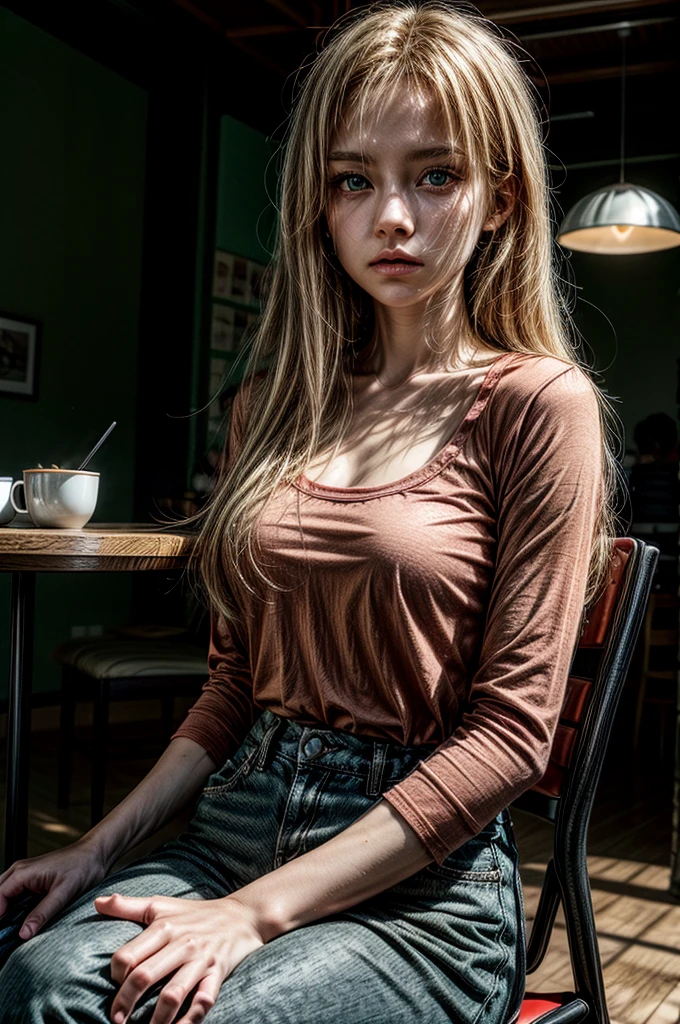  1 girl, red shirt, black pants, cafe table, sunrise, blonde hair, straight hair, green eyes, solo, sitting on chair, looking at viewer, dramatic lighting, coffee on table