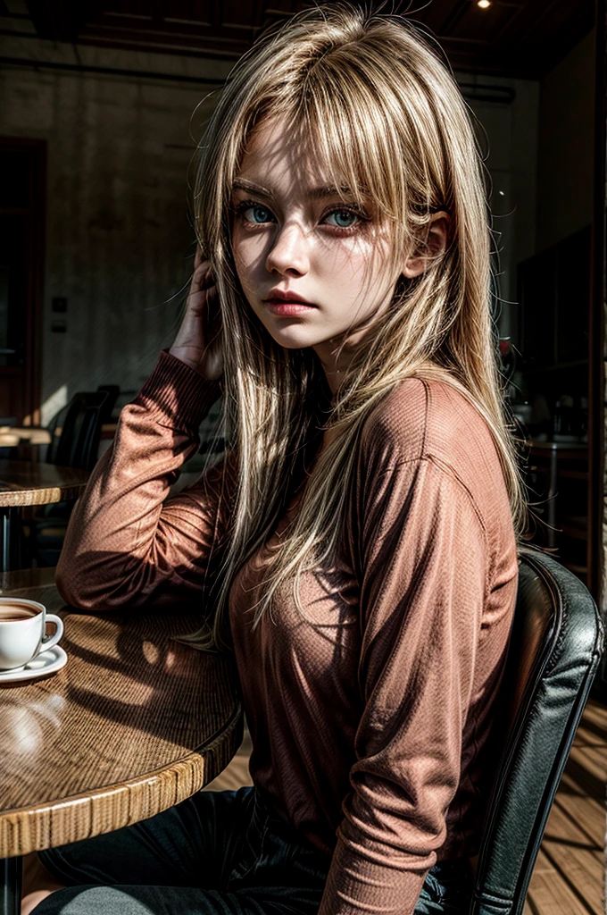  1 girl, red shirt, black pants, cafe table, sunrise, blonde hair, straight hair, green eyes, solo, sitting on chair, looking at viewer, dramatic lighting, coffee on table