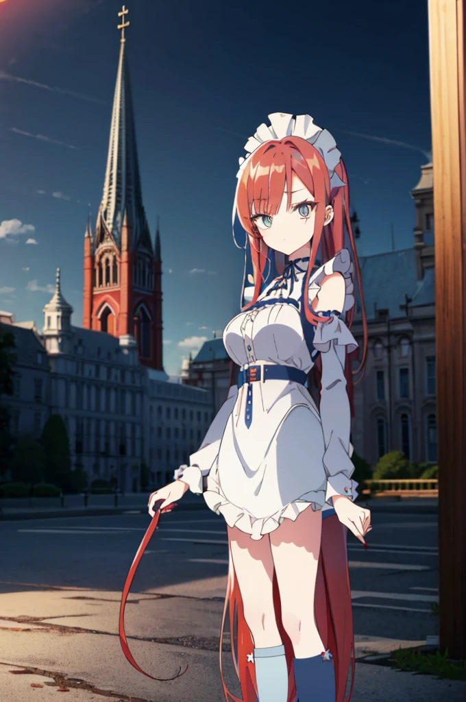 [(cathedral background:1.4)::5],original,(illustration:1.1),(best quality),(masterpiece:1.1),(extremely detailed CG unity 8k wallpaper:1.1), (colorful:0.9),(mid shot:0.95),(full body:1.5),Dynamic angle,(solo:1.2), (girl),((adult)), (detailed beautiful eyes:1.15), (beautiful face:1.15), (glowing red eyes:1.25////),((medium hair)),((split-color hair,red hair,blue hair)),(high twintails),(chignon),(+perfect hand+:1.21),(Draw an illustration of a gothic girl),(Religious),(slender),(is wearing boots on her feet),((is wearing white maid clothes)),(furious), Lace Off-shoulder lolita fashion,beautiful slender woman,high twintails,((split-color hair,red hair,blue hair)),((split-color hair,red hair,blue hair)),from side,((split-color hair,red hair,blue hair)),