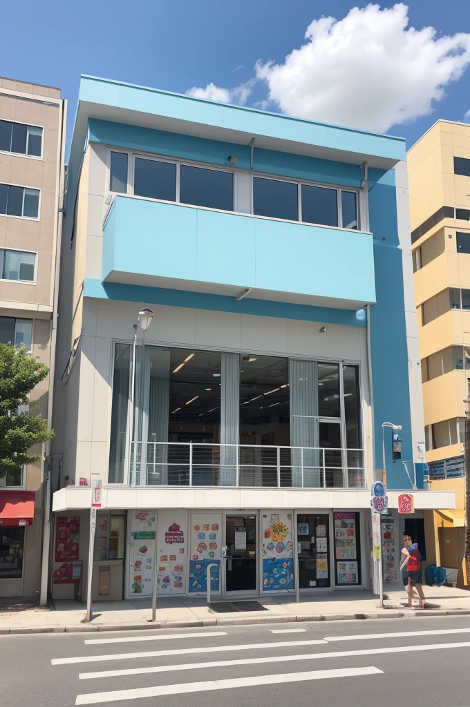 Draw several different designs on the outside of a yogurt factory with a board game path and pieces sticking out of it in cartoon style.
