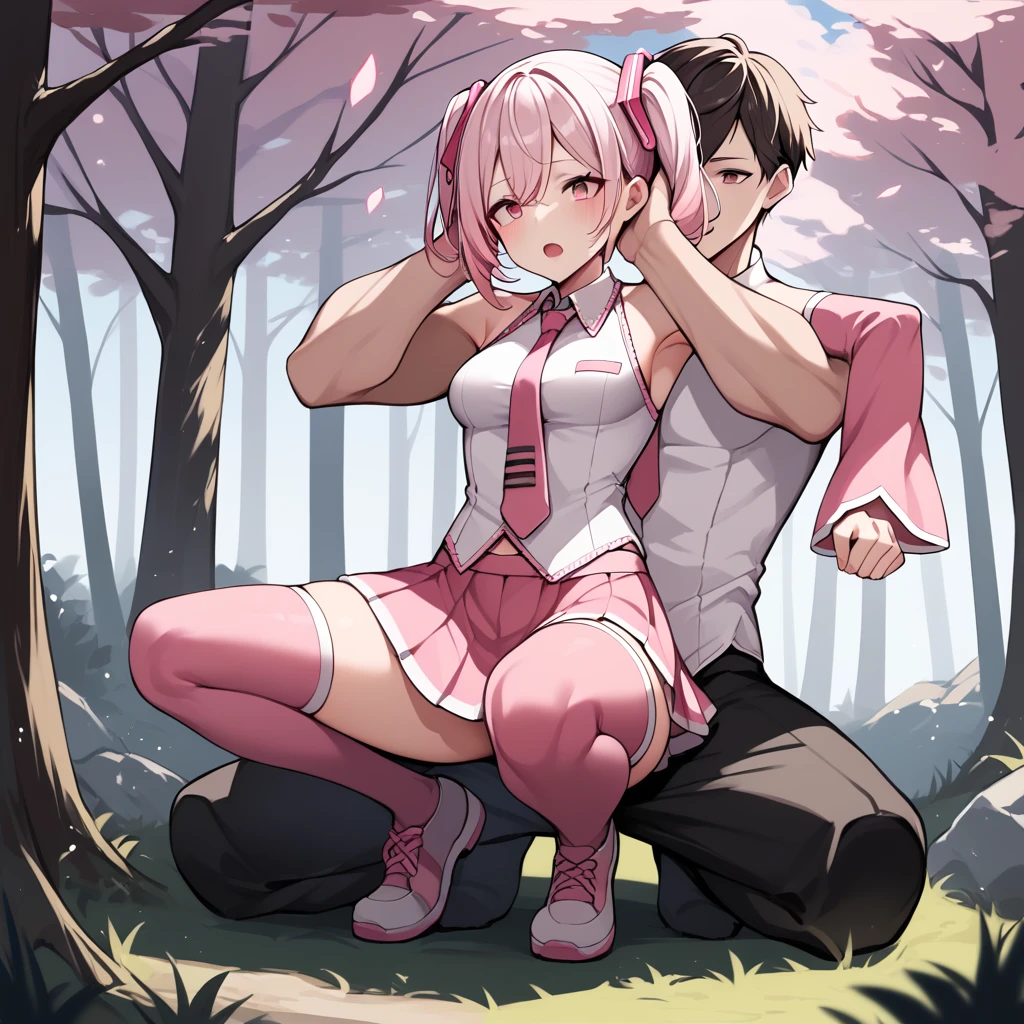 score_9, score_8_up, score_7_up, source_anime, sakuramiku, twintails, white shirt, sleeveless shirt, pink necktie, pink sleeves, detached sleeves, pink skirt, pink thighhighs, bare shoulders, outdoors, forest, day, blue sky, 1boy, 1girl, medium breasts, boy doing full nelson body scissors on girl, on back, surprise, open mouth, white hair, boy short hair, strangling, squatting, 