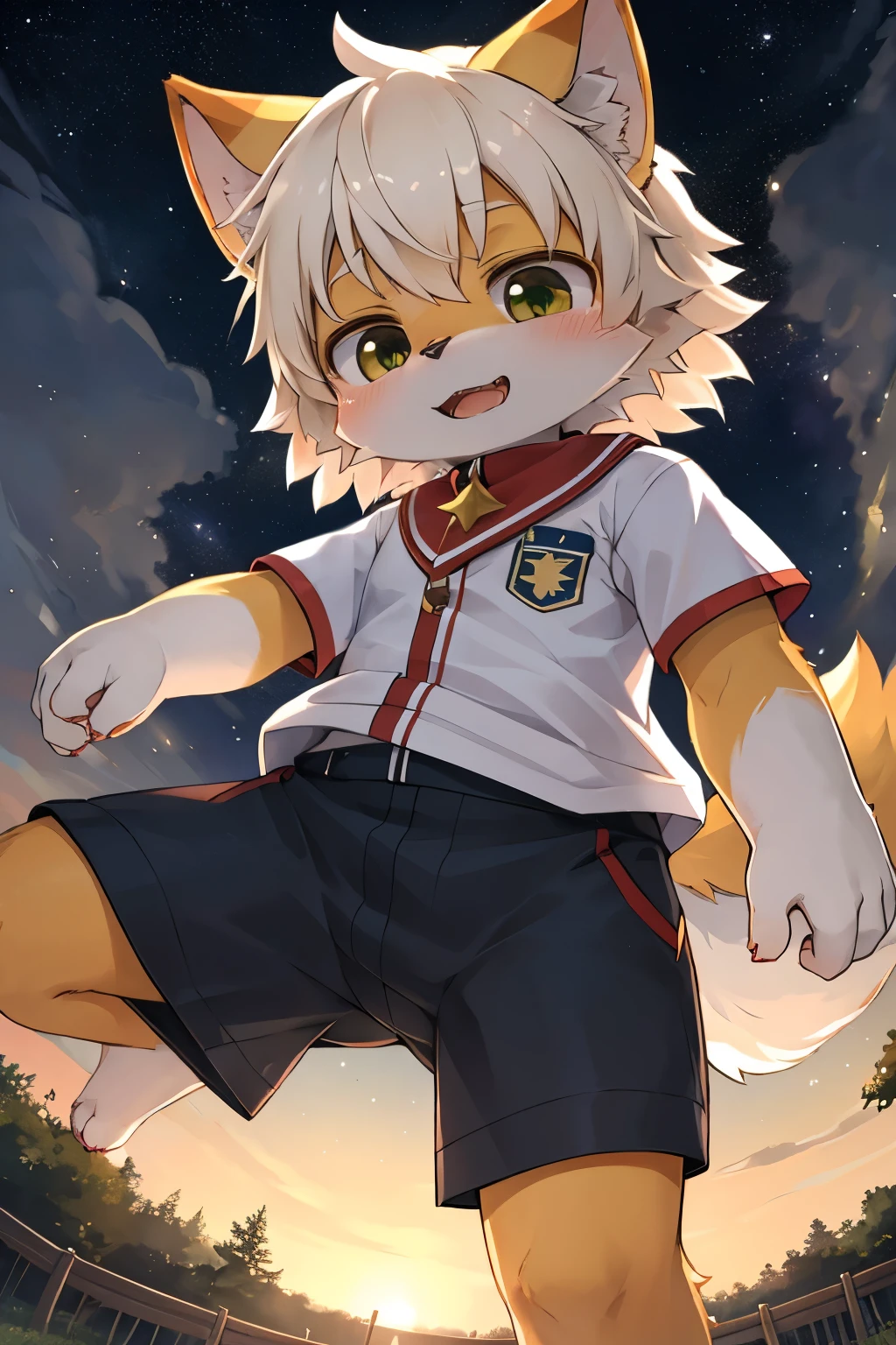 Best quality, 4K, Kemoshota, dynamic angle, kindergarten boy, mascot boy, short height boy, best quality, highres, ultra-detailed,a
realistic prompt, furry kemono boy, spirit of stars, flying in the starry sky