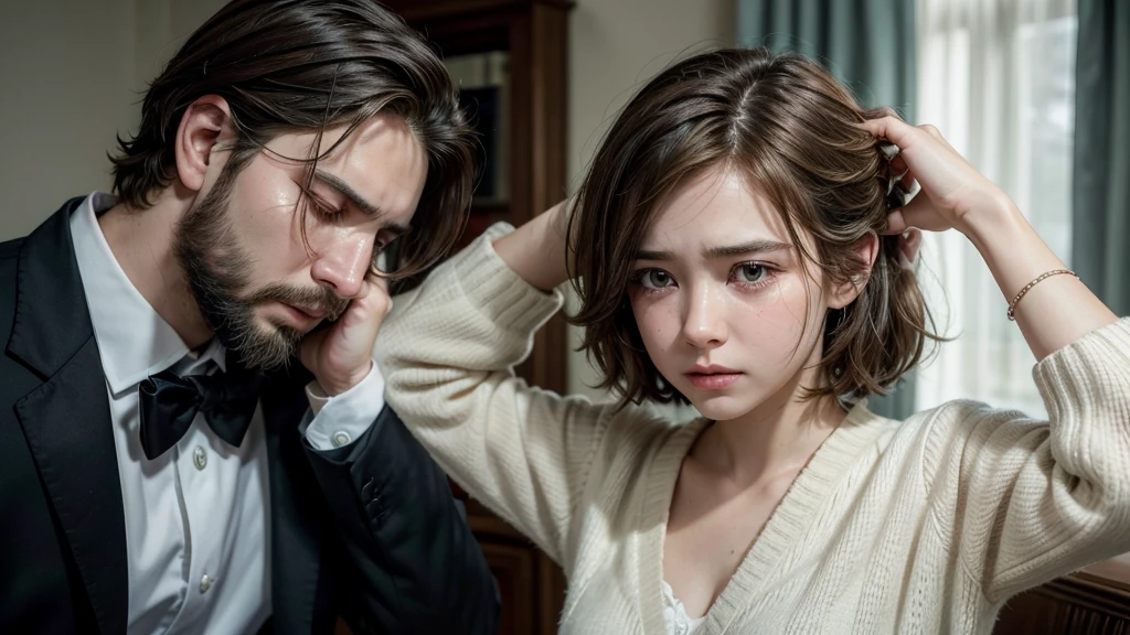 woman in the room sad crying with both hands on her head, She is wearing formal clothes and next to her there is a man with a beard and short hair, well dressed with a very sad face and watery eyes