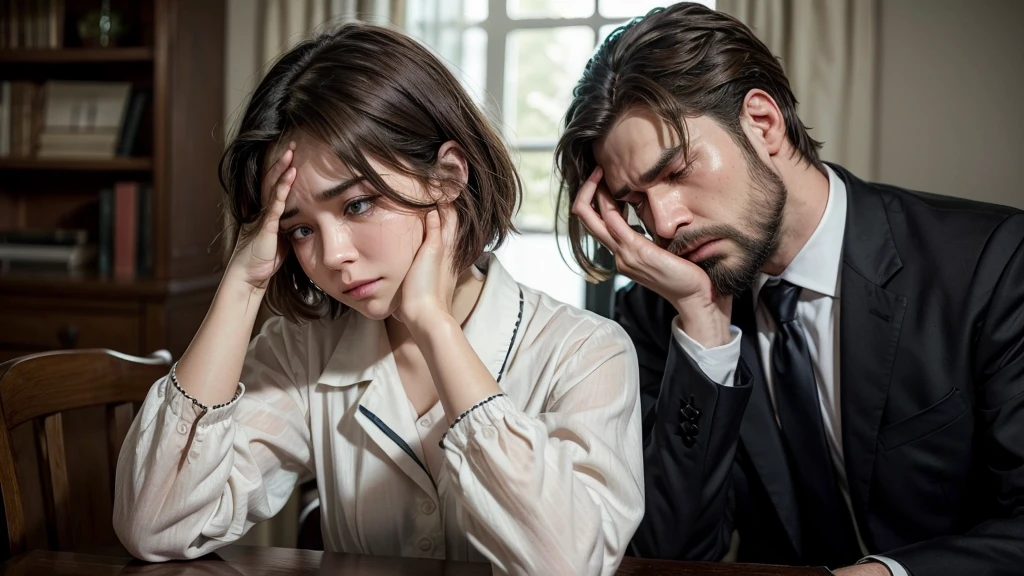 woman in the room sad crying with both hands on her head, She is wearing formal clothes and next to her there is a man with a beard and short hair, well dressed with a very sad face and watery eyes