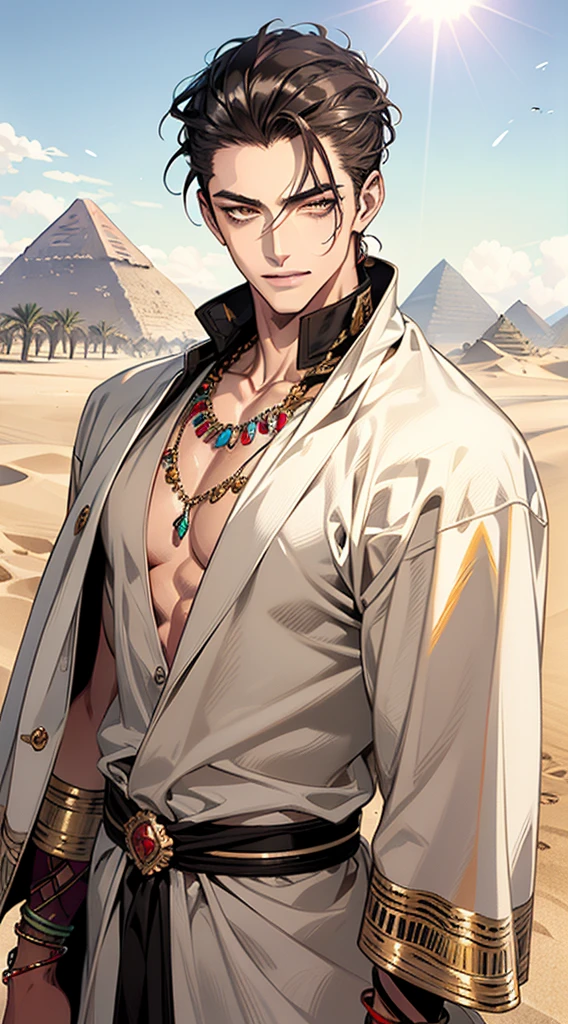 19-year-old boy returned to Egypt boy without clothes, in transparent micro thong made of brown leather , slim stomach, Short straight hair, the whole body looks at the city, straight black hair, nice smile, They are in a palace oasis with beautiful features., with typical ancient Egyptian decorations
