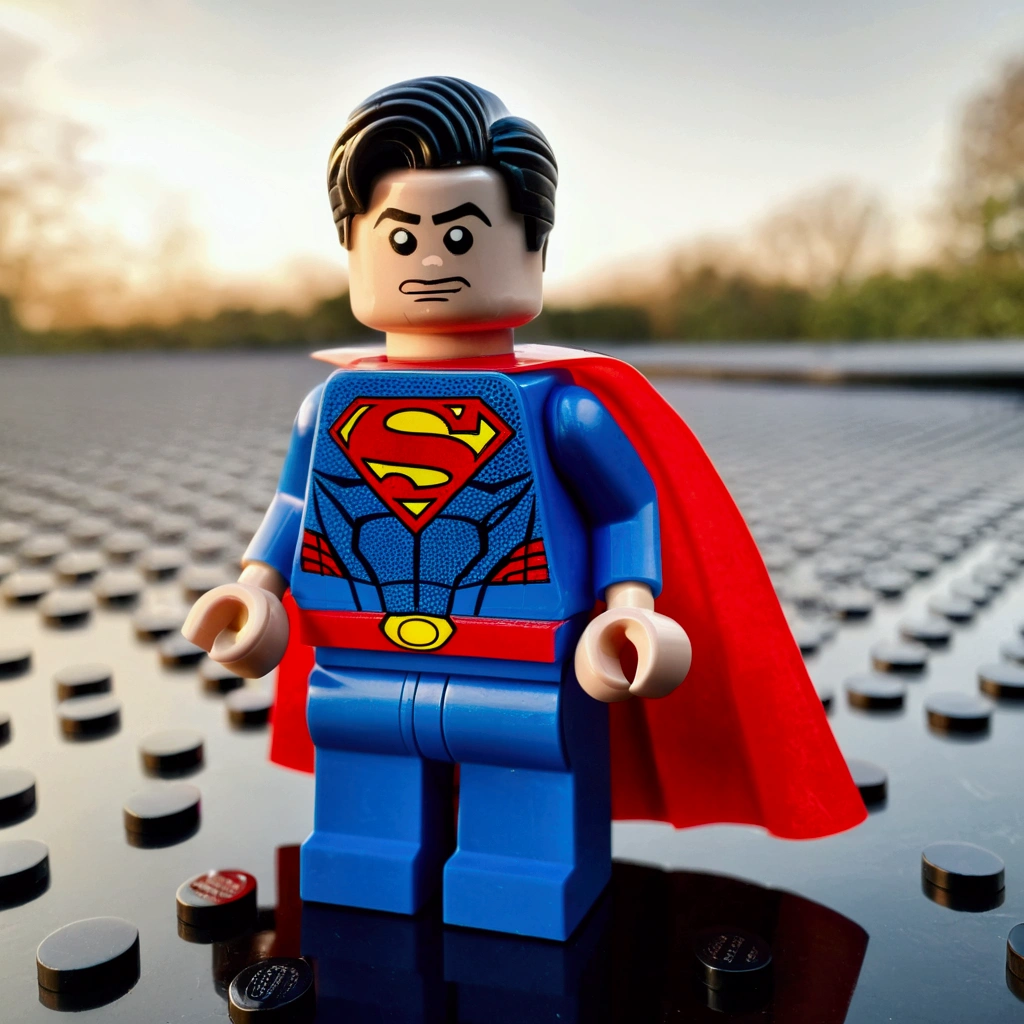 A photo of a lego like Superman toy, plastic, mini

