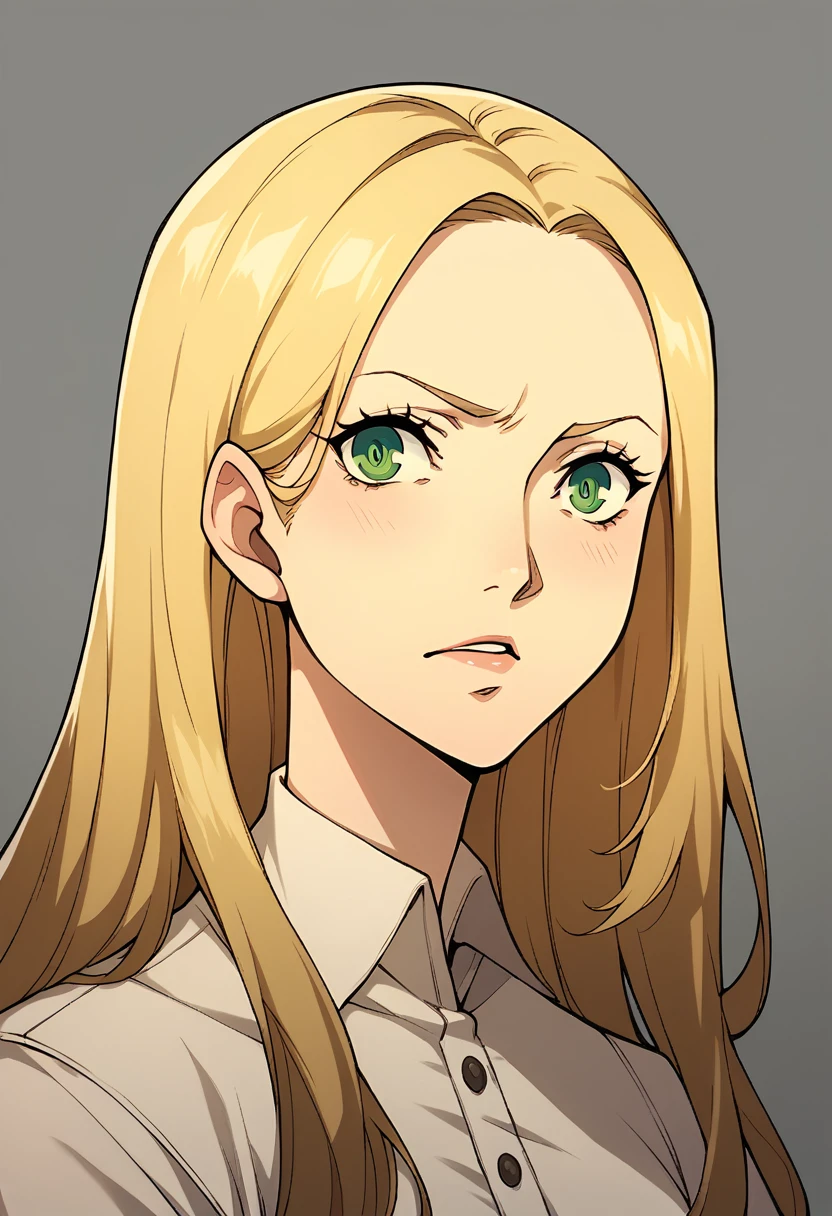 middle-age woman, neutral expression, long straight blonde hair, green eyes