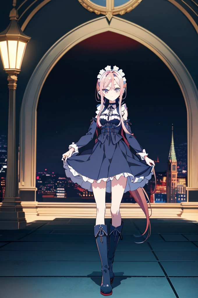[(cathedral background:1.4)::5],original,(illustration:1.1),(best quality),(masterpiece:1.1),(extremely detailed CG unity 8k wallpaper:1.1), (colorful:0.9),(mid shot:0.95),(full body:1.5),Dynamic angle,(solo:1.2), (girl),((adult)), (detailed beautiful eyes:1.15), (beautiful face:1.15), (glowing red eyes:1.25////),((medium hair)),((split-color hair , red hair , light blue hair)),(high twintails),(chignon),(+perfect hand+:1.21),(Draw an illustration of a gothic girl),(Religious),(slender),(is wearing boots on her feet),((is wearing white maid clothes)),(furious), Lace Off-shoulder lolita fashion,beautiful slender woman,high twintails,full body,mini skirt,((split-color hair , red hair , light blue hair)),((black long boots)),((mini skirt)),((adult)),((dynamic angle)),