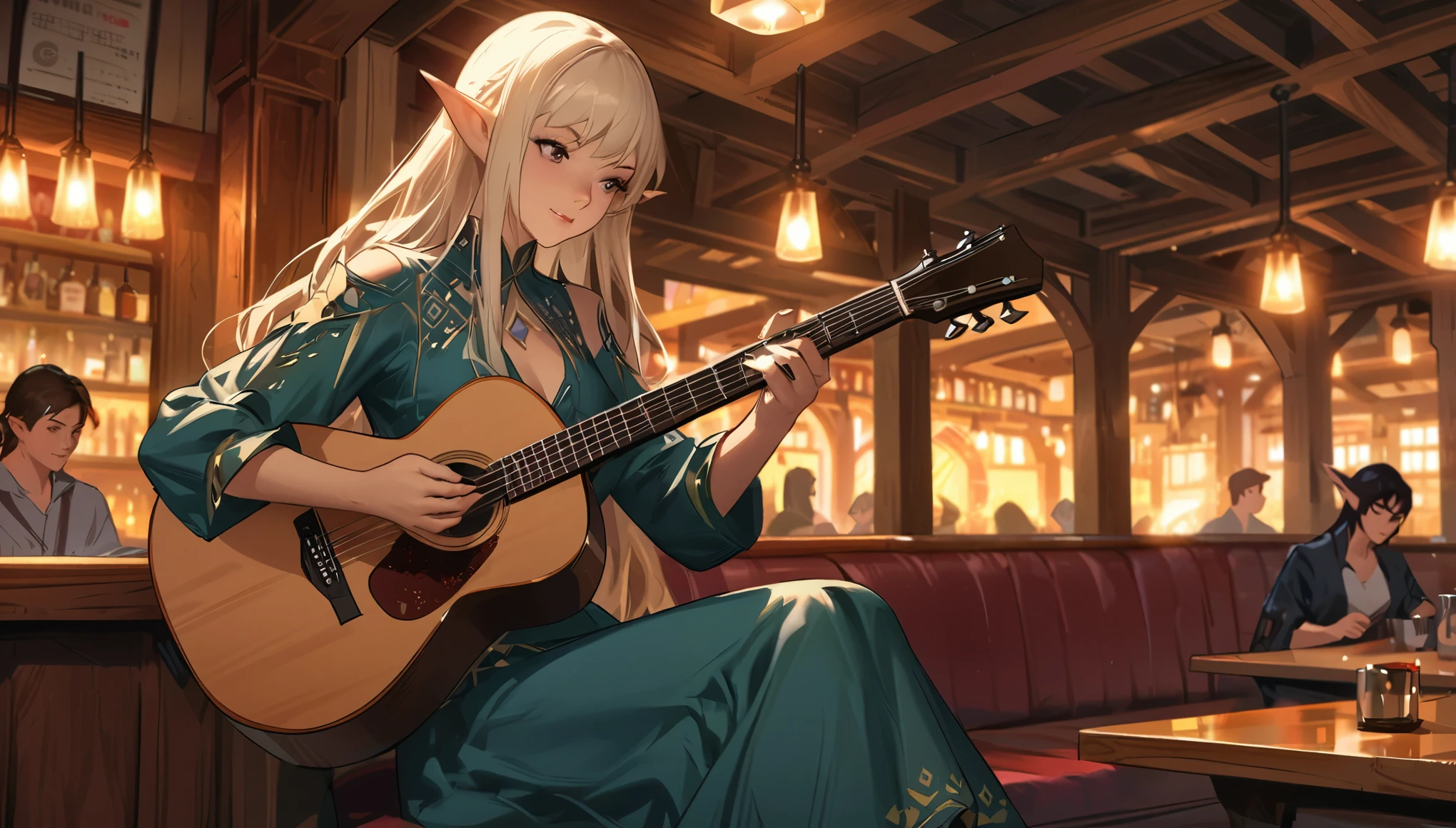 anime - style image of a woman playing the guitar in a restaurant, forest elf bard playing lute, elf girl, a human bard, playing a guitar, non-style artwork by guweiz, Playing guitar, an elf queen, keqing do impacto genshin, is playing the lute, elf princess, guweiz no pixiv artstation