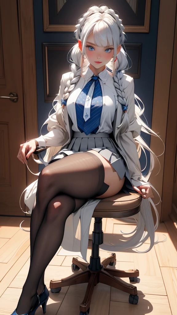 "1girl, incredibly detailed 8k cg, flawless model, mesmerizing idol, stunning face, ethereal beauty, pristine white hair, ring braids, captivating blue eyes, Kakegurui , redblazer, white shirt, pleated grey skirt, brown pantyhose, sat on desk , full body, open legs