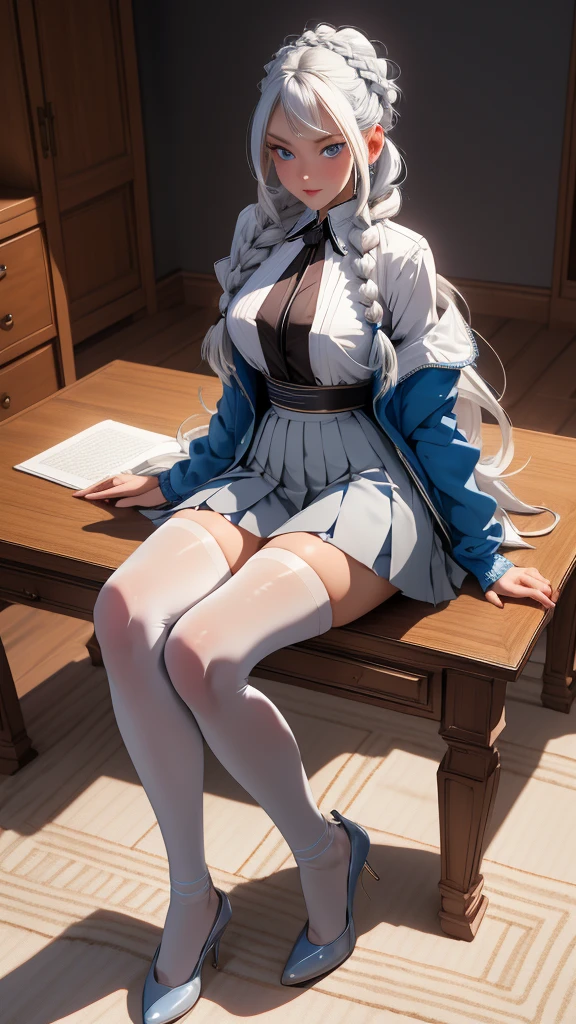 "1girl, incredibly detailed 8k cg, flawless model, mesmerizing idol, stunning face, ethereal beauty, pristine white hair, ring braids, captivating blue eyes, Kakegurui , redblazer, white shirt, pleated grey skirt, brown pantyhose, sat on desk , full body, open legs