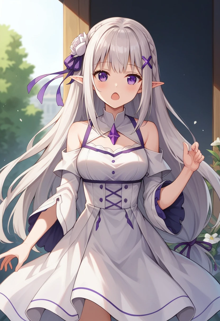 rezeroEmilia, Emilia, Braiding, crown Braiding, flower, hair flower, hair ornaments, Hair Ribbon, Long Hair, low-tied Long Hair, (Purple eyes:1.2), Pointed Ears, white flower, x hair ornaments, Open your mouth,
break bare shoulders, Detachable collar, dress, Long sleeve, low-tied Long Hair, belly button, pink dress, Shoulder cutouts, Thigh Gap, Wide sleeves,
break outdoors, city,
break looking at viewer, (Cowboy Shot:1.5),
break (masterpiece:1.2), Highest quality, High resolution, unity 8k wallpaper, (figure:0.8), (Beautiful attention to detail:1.6), Highly detailed face, Perfect lighting, Highly detailed CG, (Perfect hands, Perfect Anatomy),