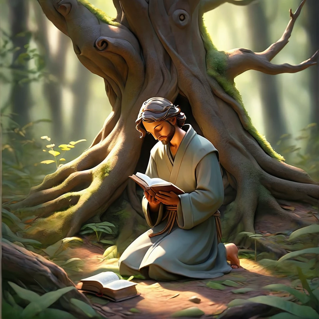 Sob a serene glass, on a peaceful day, a man in the forest , in voracious prayer. Bible in hands, words of light, Seek the comfort that faith always translates. The shadow of the tree, shelter and refreshment, A sacred encounter, an ethereal moment. With eyes closed and heart open, Pray fervently, search for the right path. Every leaf that falls, a divine whisper, Guiding your words, showing the destination. On sacred ground, your soul surrenders, To God omnipresent, his life he extends. under the tree, symbol of life and shelter, a man with bible, in an old dialogue. kneeling in prayer, her strength she renews.