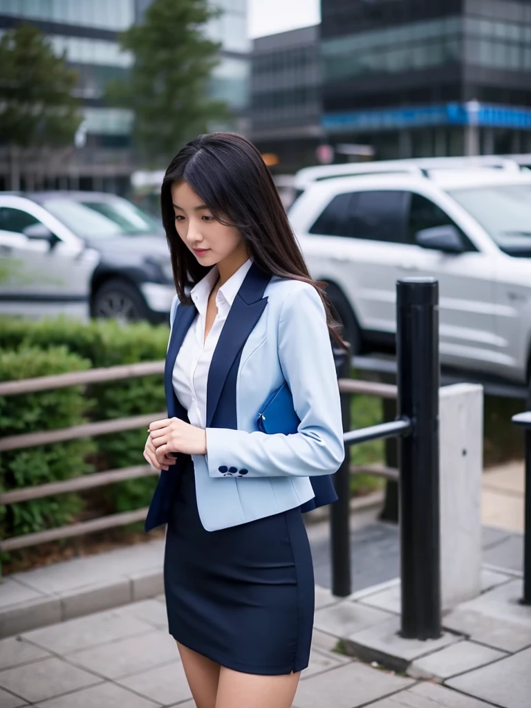 a woman in a pencil skirt very detaile and dark blue jacket standing on a sidewalk, office clothes, business outfit, short skirt and a long jacket, wearing jacket and skirt, girl in a suit, casual business outfit, wearing a business suit, business woman, wearing business casual dress, girl in suit, wearing a blazer, business clothes, wearing business suit, wearing a strict business suit