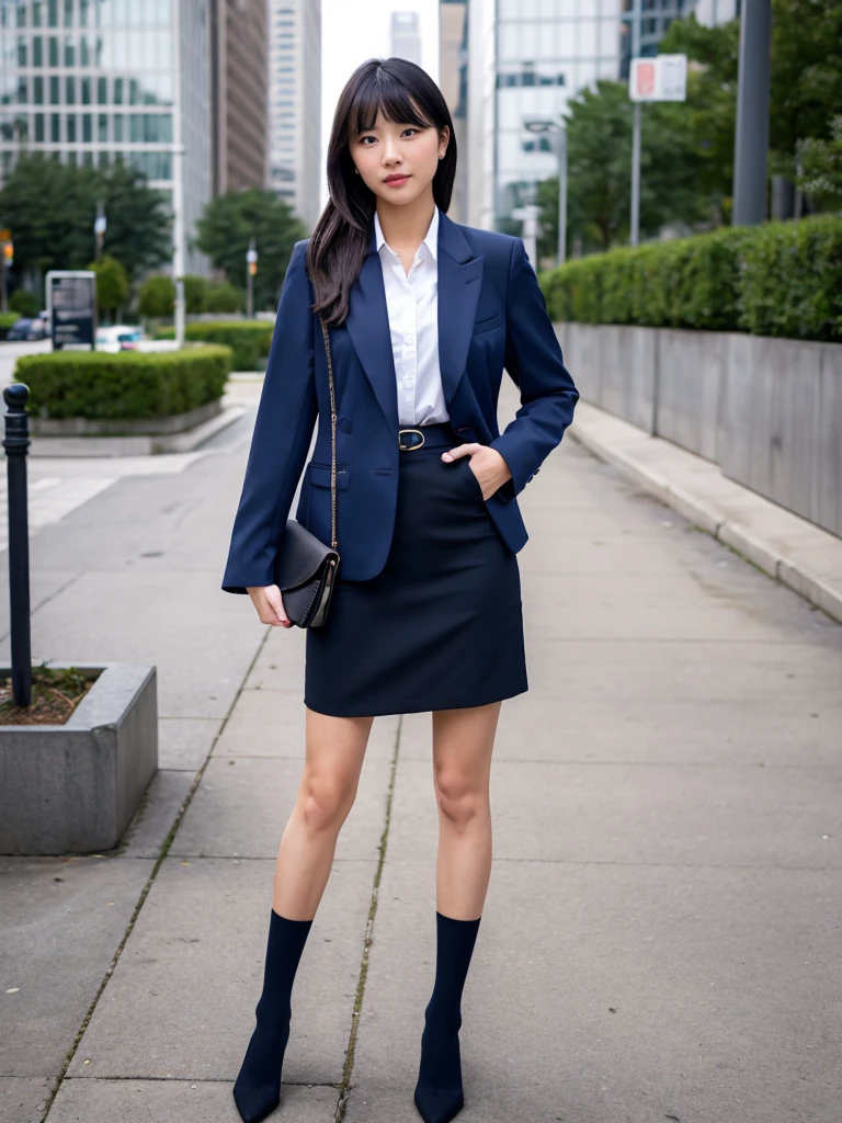 a woman in a pencil skirt very detaile and dark blue jacket standing on a sidewalk, office clothes, business outfit, short skirt and a long jacket, wearing jacket and skirt, girl in a suit, casual business outfit, wearing a business suit, business woman, wearing business casual dress, girl in suit, wearing a blazer, business clothes, wearing business suit, wearing a strict business suit