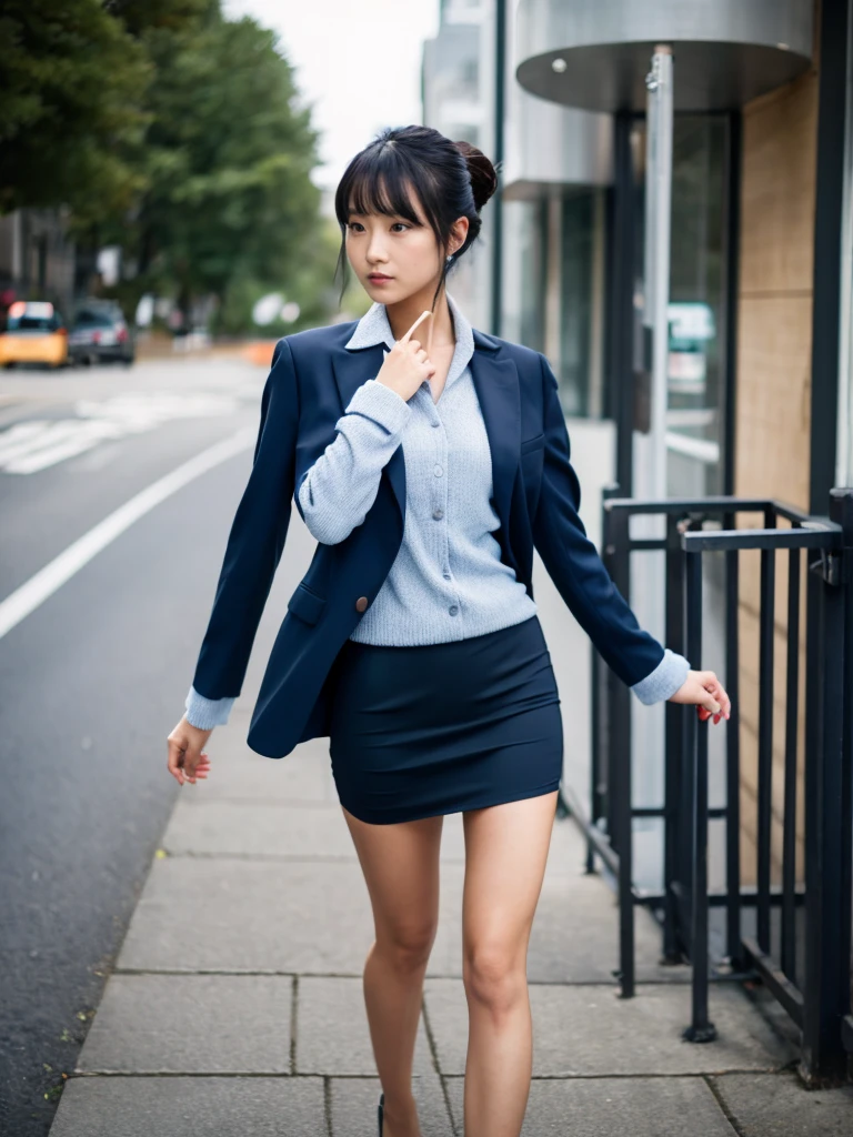 a woman in a pencil skirt very detaile and dark blue jacket standing on a sidewalk, office clothes, business outfit, short skirt and a long jacket, wearing jacket and skirt, girl in a suit, casual business outfit, wearing a business suit, business woman, wearing business casual dress, girl in suit, wearing a blazer, business clothes, wearing business suit, wearing a strict business suit
