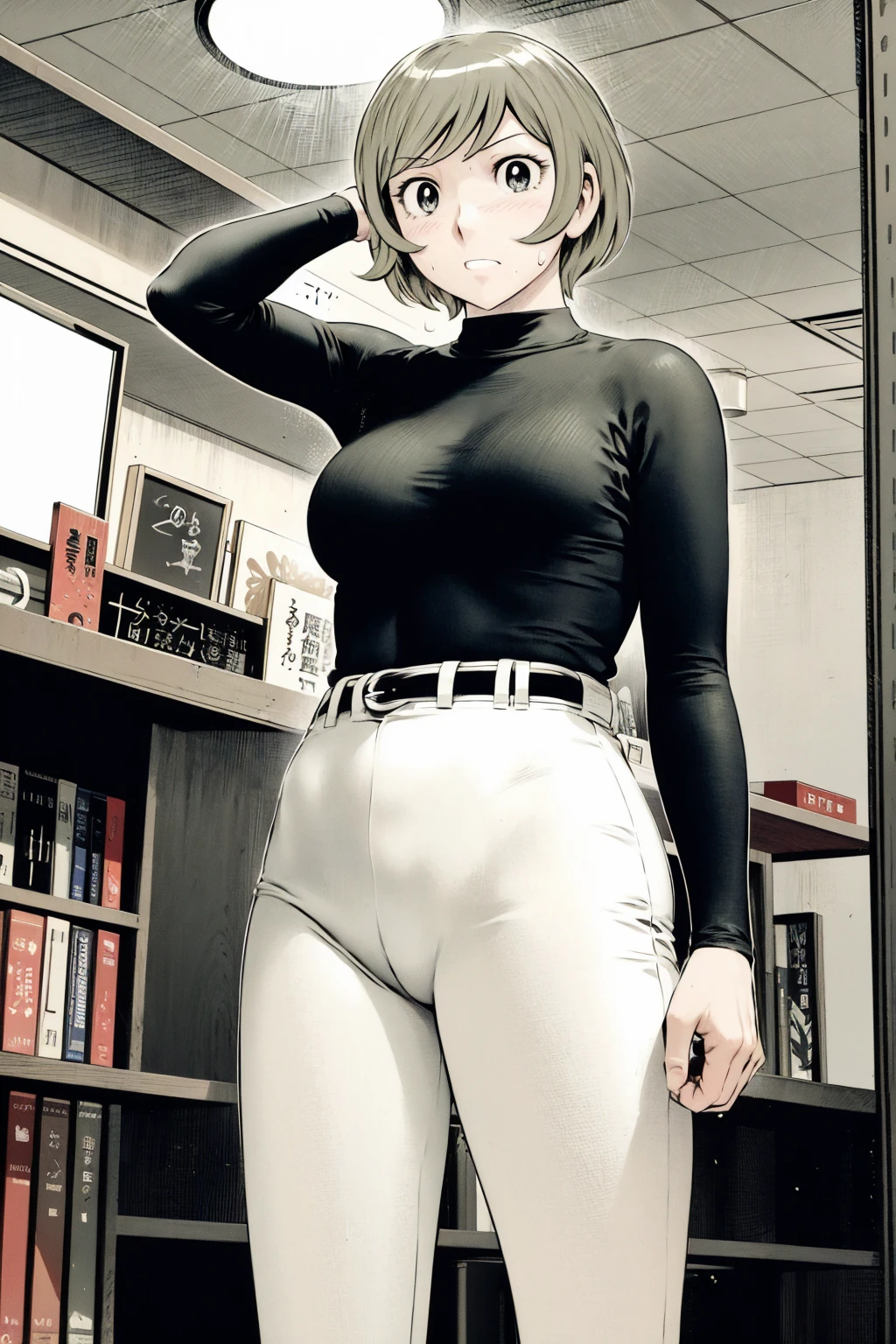 、(masterpiece、Highest quality)、Highest quality, Ultra-high resolution, (((masterpiece))), alone, Sweat、Big eyes,Tight black shirt、Tight white pants、belt、indoor、Composition from the front、(後ろCut your hair short、short hair、blonde、woman)、Shortcuts、Embarrassed face、Cut your hair short、可愛いwomanの子、Big Breasts、office