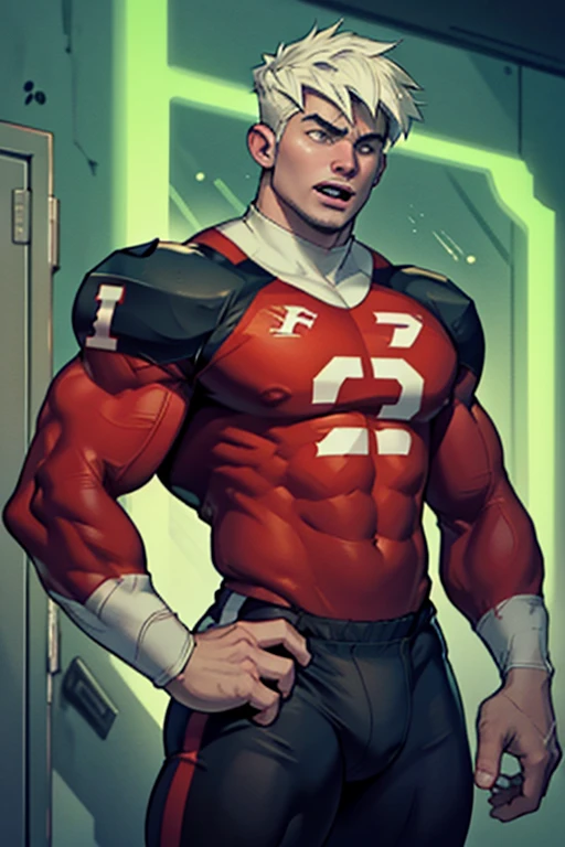 Danny Fenton in a locker room with Dash Baxter being hypnotized to be a big dumb football jock and join Dash's team. hypnosis. hypnotized. brainwashing. Brainwashed. Jock. Meathead. Musclehead. Bro. Football uniform. Bulging crotch. Hyper muscles. Big biceps. Big triceps. big traps. broad shoulders. Thick meaty pecs. Glowing eyes. Well endowed. Football team assimilation. Big thighs. Thick glutes. Clothes turning into Casper High School football uniform. Football shoulder pads. Chest plate. Football jersey. Football pants. Danny Fenton looks shocked and gradually transitions to a dull vapid expression instead as his eyes glow. Fellow football players lay gloved hands on his shoulder pads. "Gah! What happened to me? I look like a—! Like a ... BIG ... DUMB ... JOCK...." Open mouth. Blank stare. Touching a swollen crotch. digital painting. Very detailed. Vapid stare. Dumber and dumber. Brain drain. Dash Baxter smirks and says, "That's because that is what you are now, Fenton. You're gonna be just like us. And you're gonna love every minute of it." Danny replies, "Love ... being ... a jock.... Big ... dumb ... studly ... football jock.... Must protect the Quarterback.... Fucking dumb jock.... Must ... protect ... Dash...." Dash Baxter smirks. "That's right, Fenton. The lineman protects the quarterback. You're MY lineman now. So fall in, Fenton, like a good fucking dumb jock." Danny replies, "Yes, Dash. Your lineman ... falling in.... Your jock .... Must grow..... Must obey.... I ... must grow.... I ... must obey...."