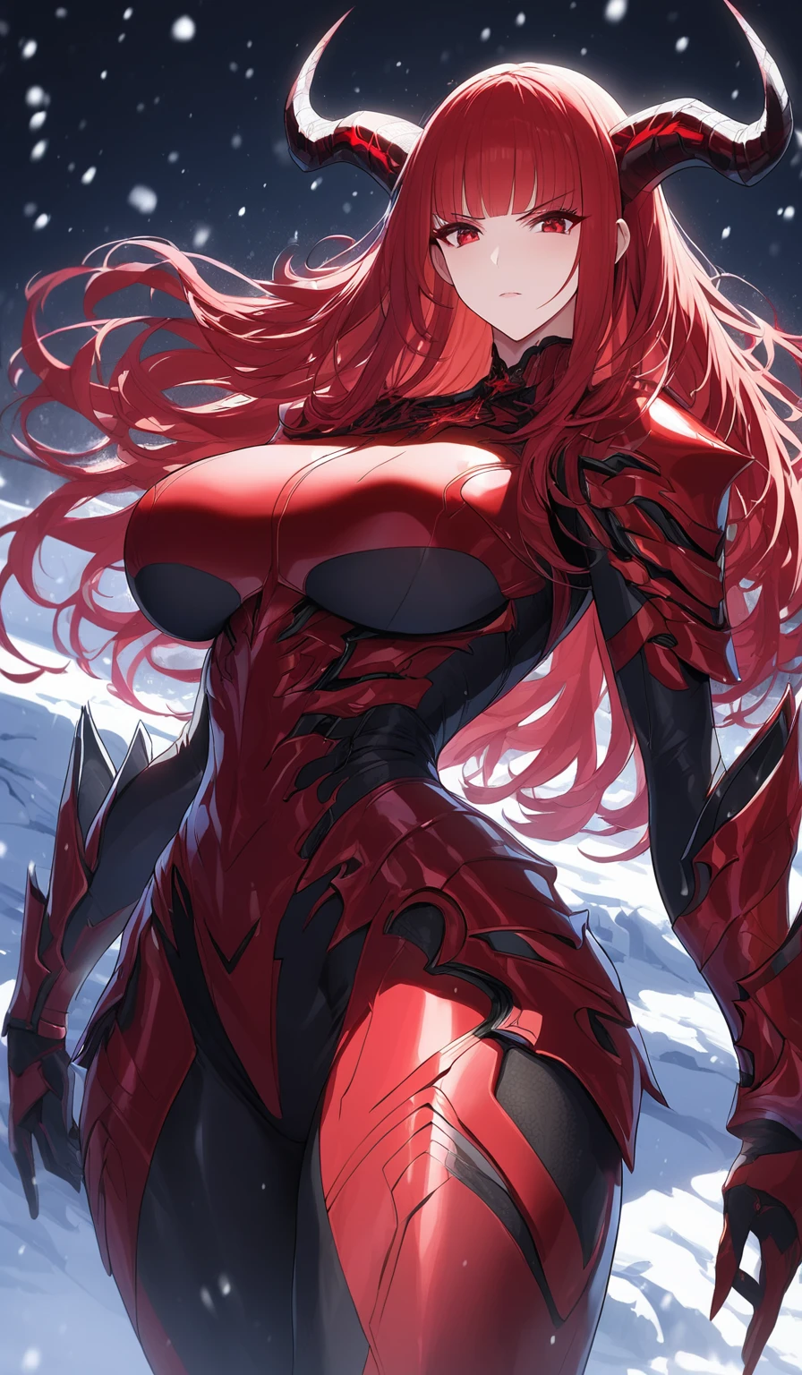 Masterpiece, very detailed, ultra detailed, one, (1 woman), athletic body, six press packages, she is in futuristic red armour with bright black details, in a stable and elegant position, super mature, tall, milf, mature mother, long hair, straight hair and straight bangs, bright red hair, red demonic horns, beautiful, charming, blood red eyes, elegant, big breasts, serious face, charming, against the background of snow, ice and winter.