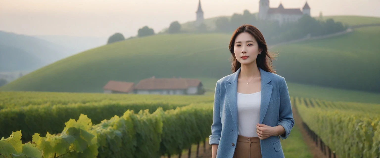 Woman in a beautiful landscape 8K highest quality, Beautiful 36-year-old Korean woman, Chest size 34 inches, Passing through the vineyards in the Swiss countryside, the cathedral is visible through the early morning fog., The back background is realistic and vivid image quality, medium hair, Casual and British - (summer jacket) ,Perfect and realistic photos, The background is realistic. Full body shot with Canon camera 16-35 wide angle lens, expressionless, Walking up a vineyard hill covered in thick fog., Looking at the front camera