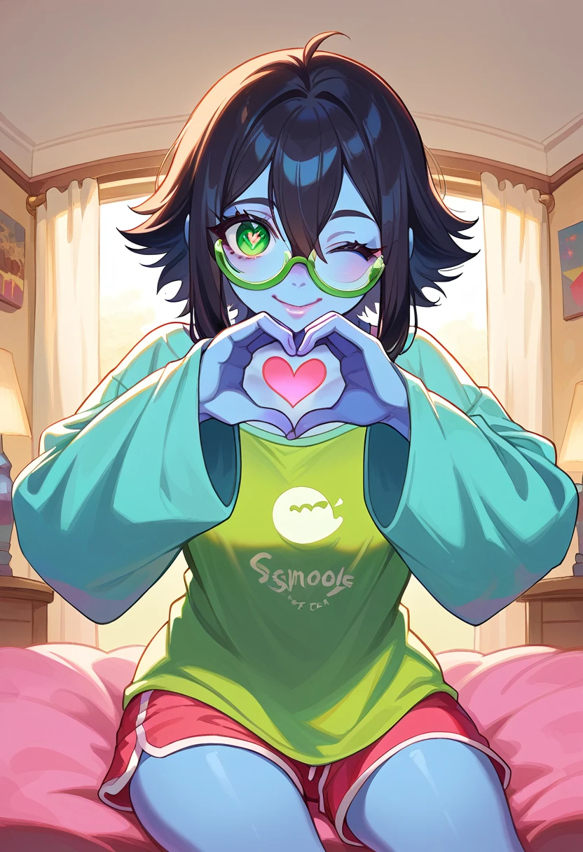 score_9, score_8_up, score_7_up, source_anime, {{Artist: sincos}}, 1girl, cute, solo, lips, blue skin, long black hair, shaggy ponytail hairstyle, medium breasts, hair between eyes, green eyes, symbol-shaped_pupils, tilted glasses, alien, oversized tshirt, oversized sleeves, dolphin shorts, wink, smile, bedroom, close up, heart hands, masterpiece, best quality, perfect anatomy, high detailed eyes, award winning, highly textured skin details, 8k, absurdres, good hands, good feet