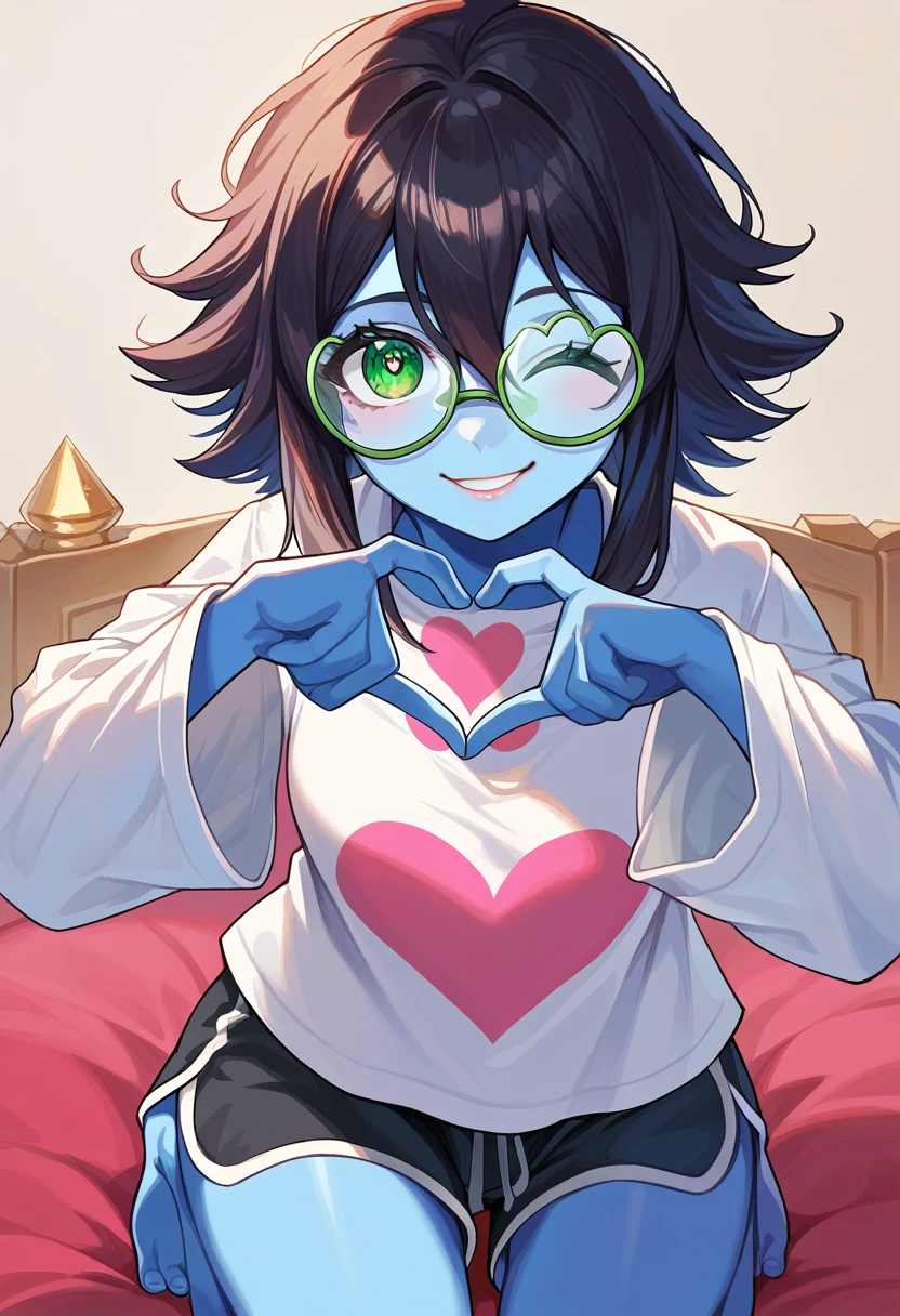 score_9, score_8_up, score_7_up, source_anime, {{Artist: sincos}}, 1girl, cute, solo, lips, blue skin, long black hair, shaggy ponytail hairstyle, medium breasts, hair between eyes, green eyes, symbol-shaped_pupils, tilted glasses, alien, oversized tshirt, oversized sleeves, dolphin shorts, wink, smile, bedroom, close up, heart hands, masterpiece, best quality, perfect anatomy, high detailed eyes, award winning, highly textured skin details, 8k, absurdres, good hands, good feet