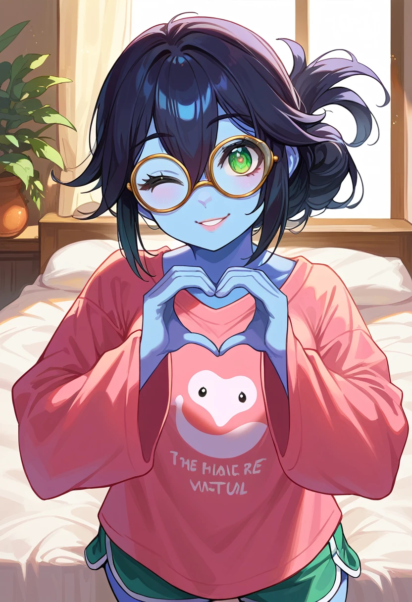 score_9, score_8_up, score_7_up, source_anime, {{Artist: sincos}}, 1girl, cute, solo, lips, blue skin, long black hair, shaggy ponytail hairstyle, medium breasts, hair between eyes, green eyes, symbol-shaped_pupils, tilted glasses, alien, oversized tshirt, oversized sleeves, dolphin shorts, wink, smile, bedroom, close up, heart hands, masterpiece, best quality, perfect anatomy, high detailed eyes, award winning, highly textured skin details, 8k, absurdres, good hands, good feet