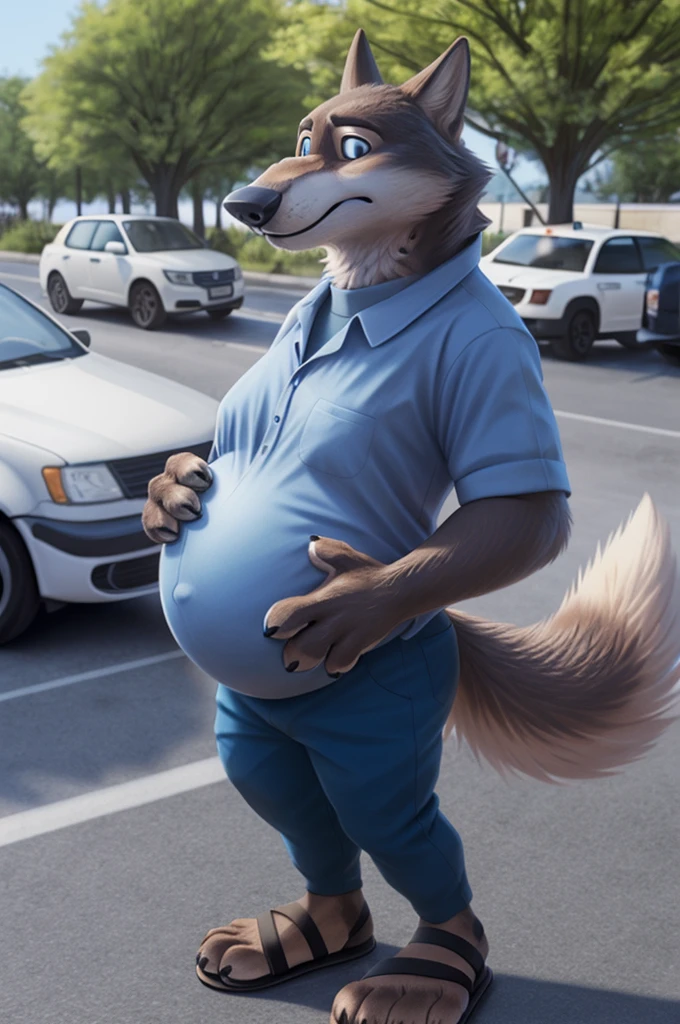 Emilia (Zootopia), Wolf, Gray Fur, (brown body:1.3), Blue eyes, Zootopia, dressed,blue shirt,blue chest pants, pregnant,sandals,female breast,canine, wolf, detailed fur, Female, second, paw pads, finger claws, At the viewer, 5 fingers, paws, 5 fingers,I&#39;m sitting in the office and working,mood,open mouth, cameras with flash, loves,pink Women,sandals каблуки, female breast, 
BREAK from nextel, for dating, by xenoforge, (difficult, high detail, film photography, soft focus, RAW, fluororealism, realistic, photorealistic, analog style, Subsurface scattering,стесняется носить sandals на каблуках, 
masterpiece, Best quality, ultra realistic, 8 thousand.)