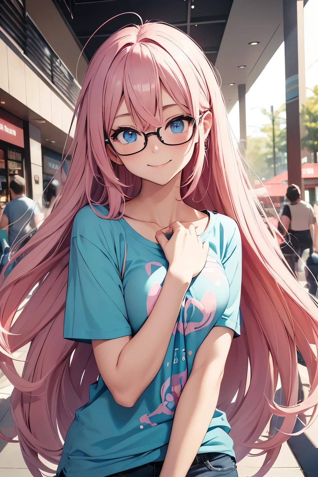 a cute girl smile, pink and long hair, blue eyes, Glasses , breast, Wearing sexy t-shirt, full body, It's at the mall, looks at the camera, by style of onii kei, dreamy and romantic, light gray and light amber, jagged edges, light teal and light red, timeless beauty, 8k