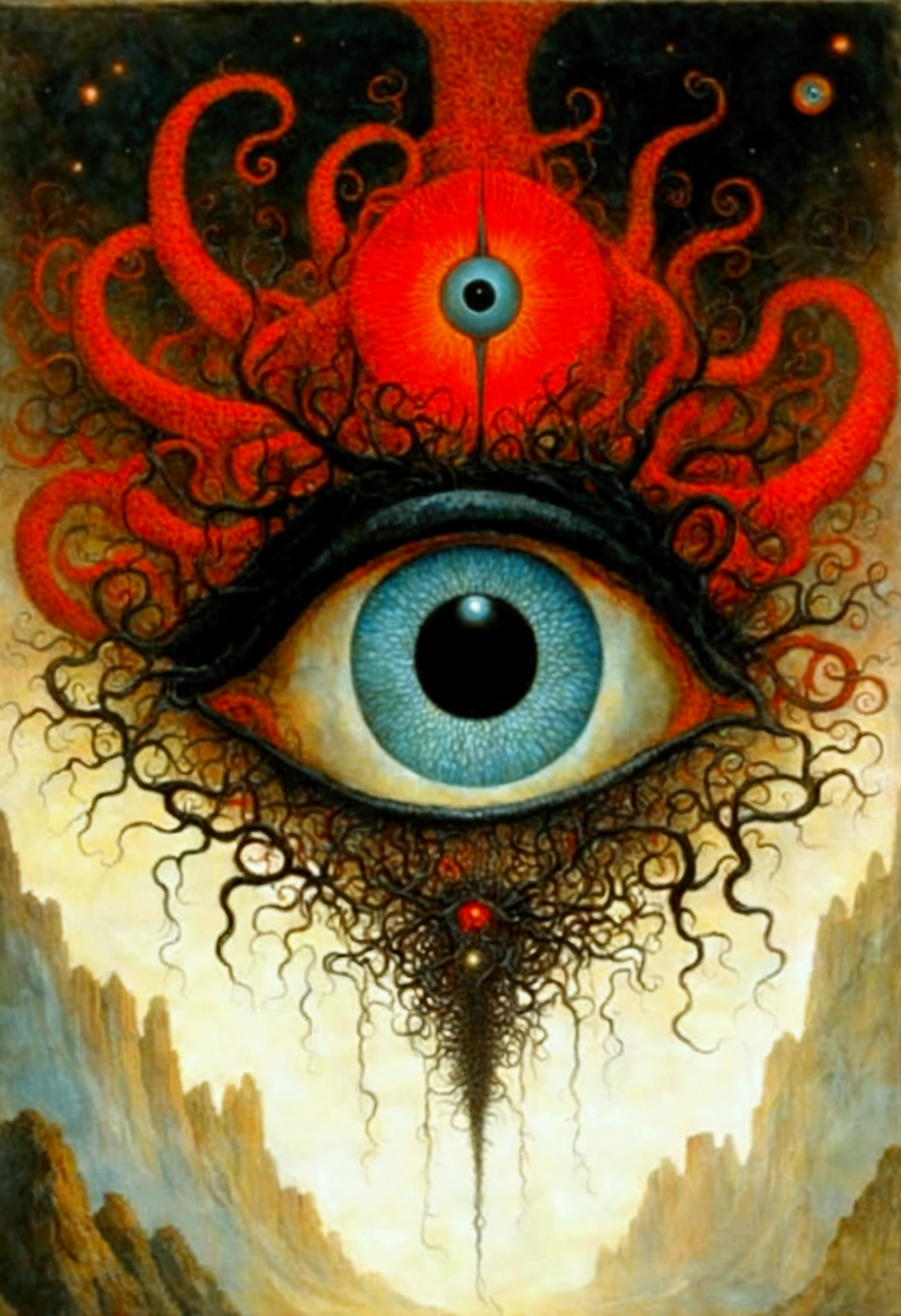 Mythical creatures, author：Zdzislaw Beksiński, Azathoth, Red/Black、eye
