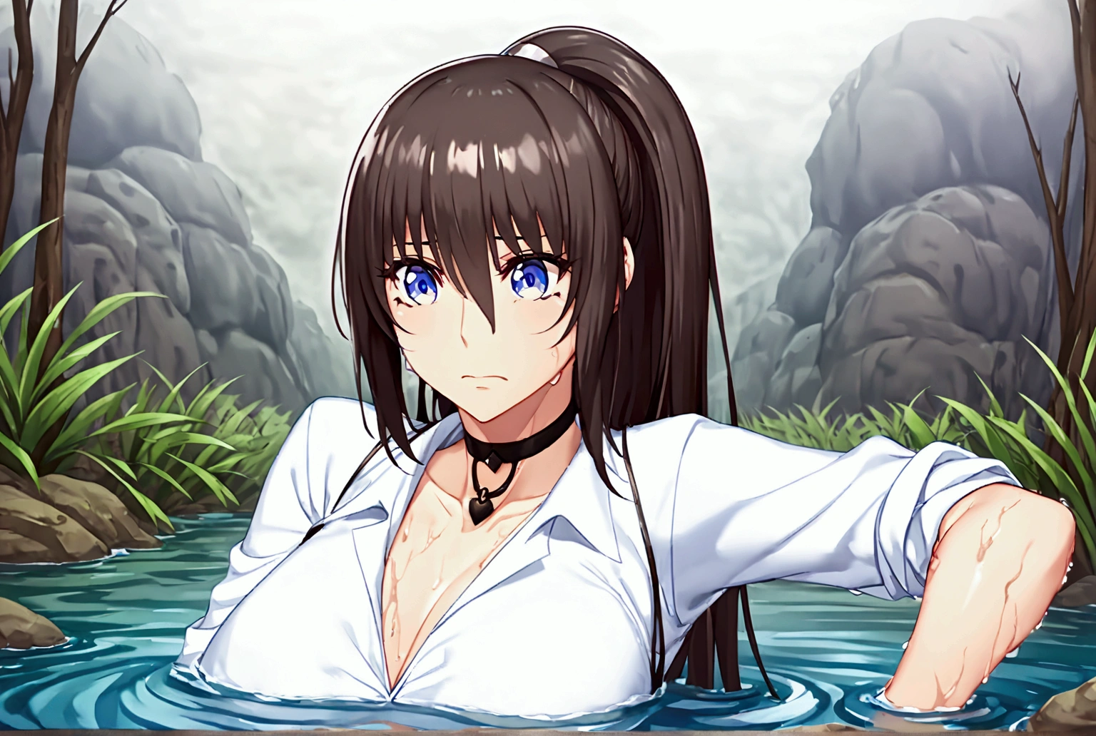 Woman drowning in a swamp,Muddy River, riverbed, cloudy, Uneasy atmosphere,Painful face,ponytail,