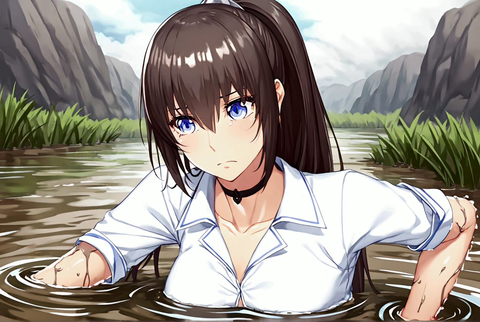 Woman drowning in a swamp,Muddy River, riverbed, cloudy, Uneasy atmosphere,Painful face,ponytail,