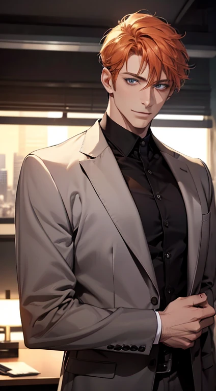 (best quality,4k,8k,highres,masterpiece:1.2),ultra-detailed,(realistic,photorealistic,photo-realistic:1.37),1 man,31 years old,mature man,very handsome,without expression,smile,short orange hair,blue eyes,penetrating gaze,perfect face without errors,imposing posture,businessman desk mansion,office background,cinematic lighting,hdr image