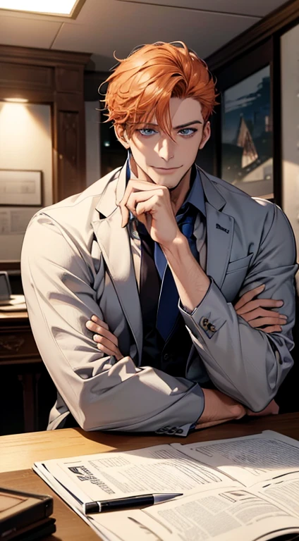 (best quality,4k,8k,highres,masterpiece:1.2),ultra-detailed,(realistic,photorealistic,photo-realistic:1.37),1 man,31 years old,mature man,very handsome,without expression,smile,short orange hair,blue eyes,penetrating gaze,perfect face without errors,imposing posture,businessman desk mansion,office background,cinematic lighting,hdr image