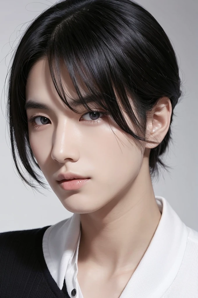 Black Hair White skin Handsome Well-balanced contours Downcast eyes